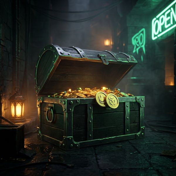 Open treasure chest with gold coins on rim