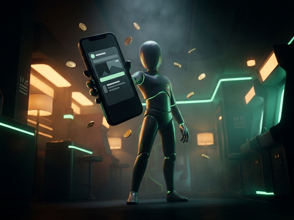 Stylized figure holding oversized smartphone with floating coins