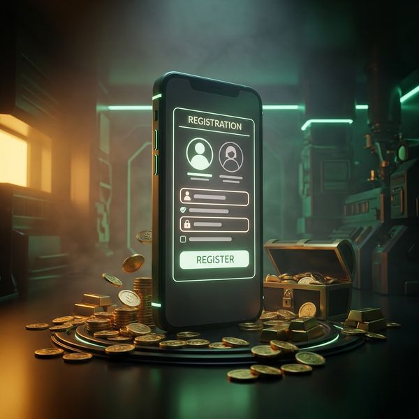 Smartphone registration form amid gold coins