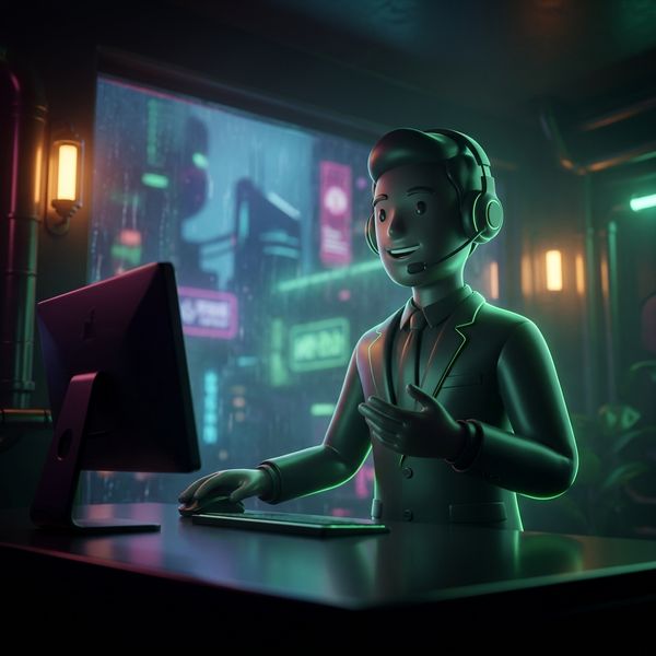 Support agent at desk with friendly smile