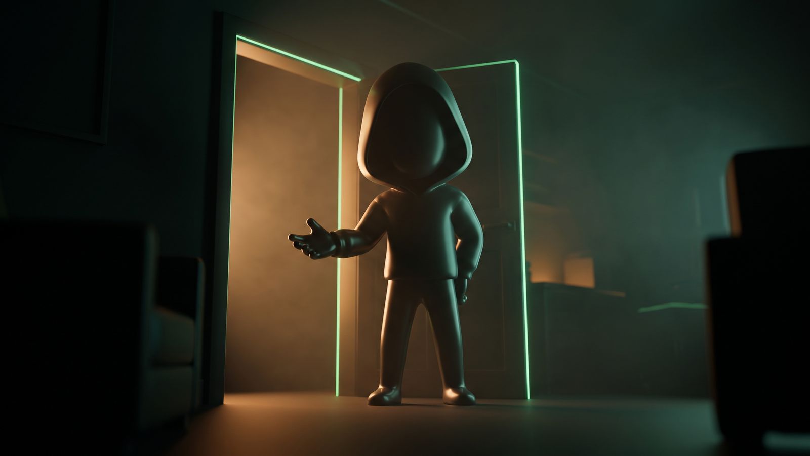 Neon-lit gateway entrance with inviting figure