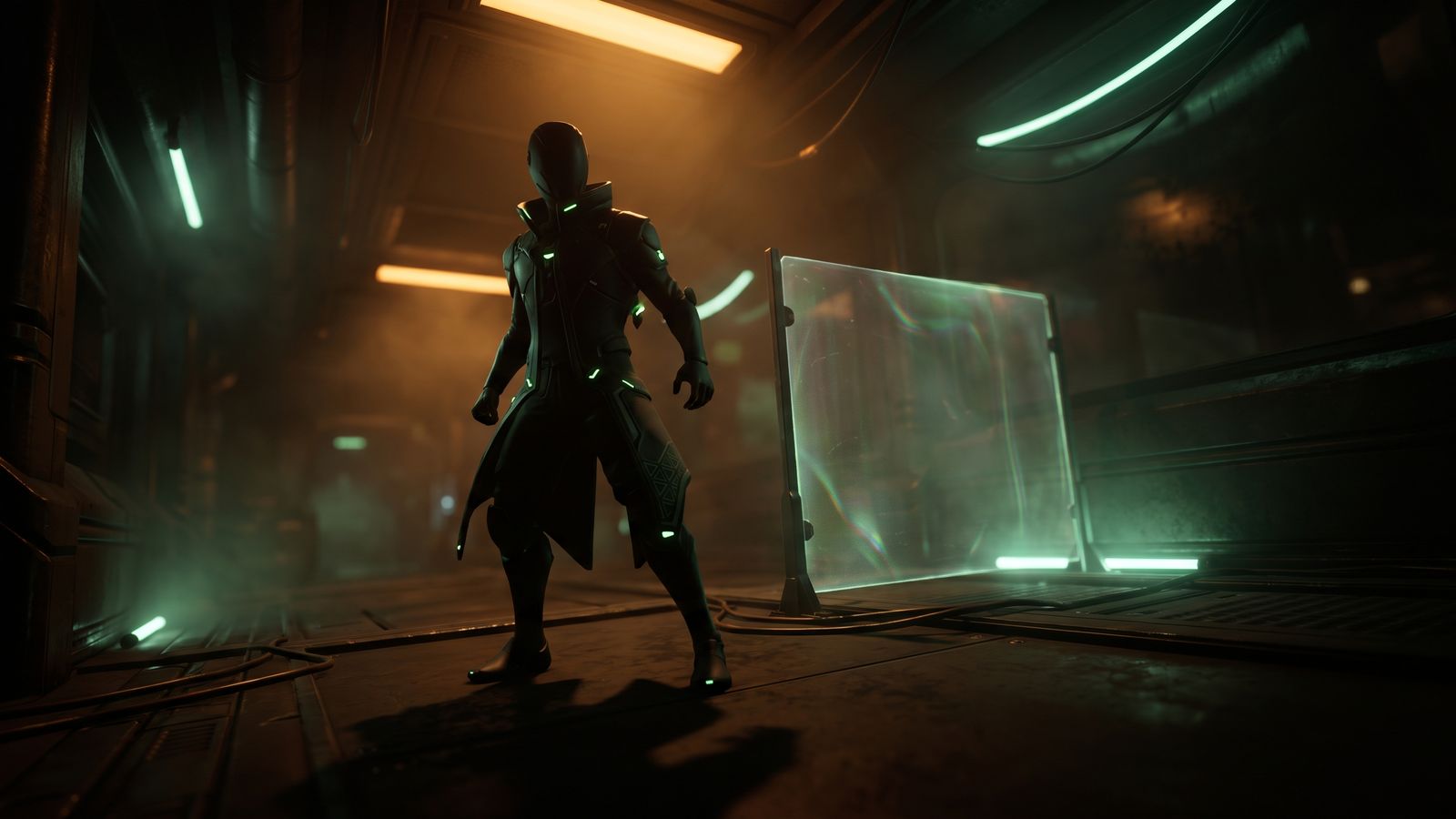 Dark figure standing beneath glowing security shield