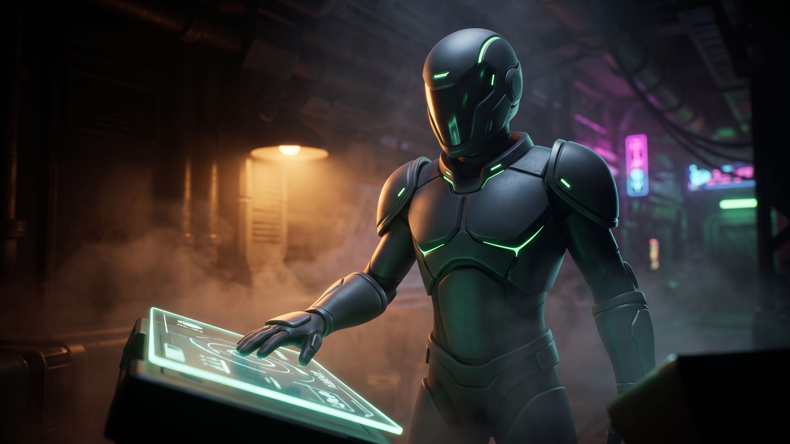 Dark figure standing beside translucent control panel