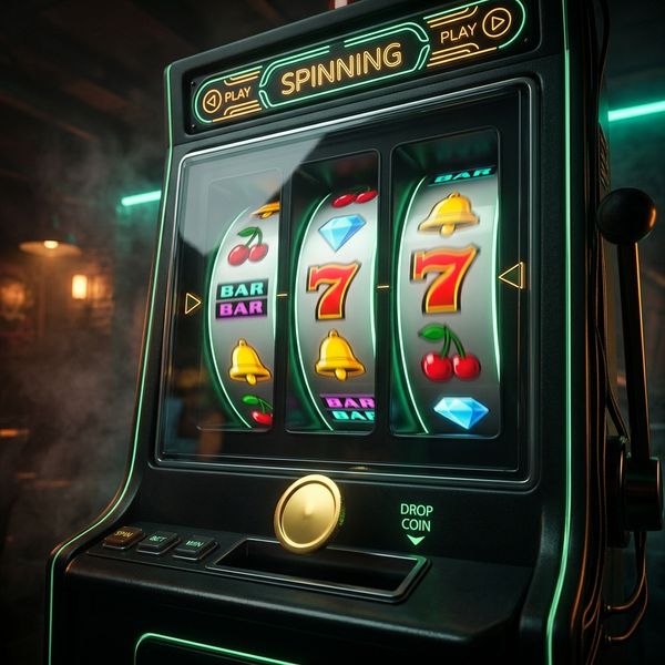 Slot reels spinning behind glass with falling coin