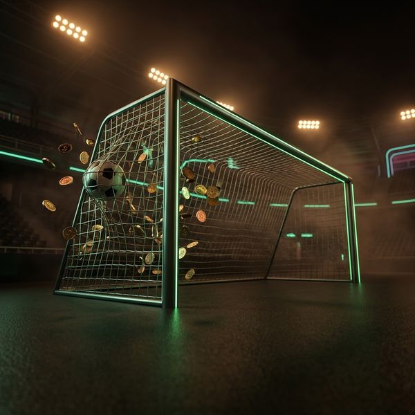 Football entering goal net with scattered coins