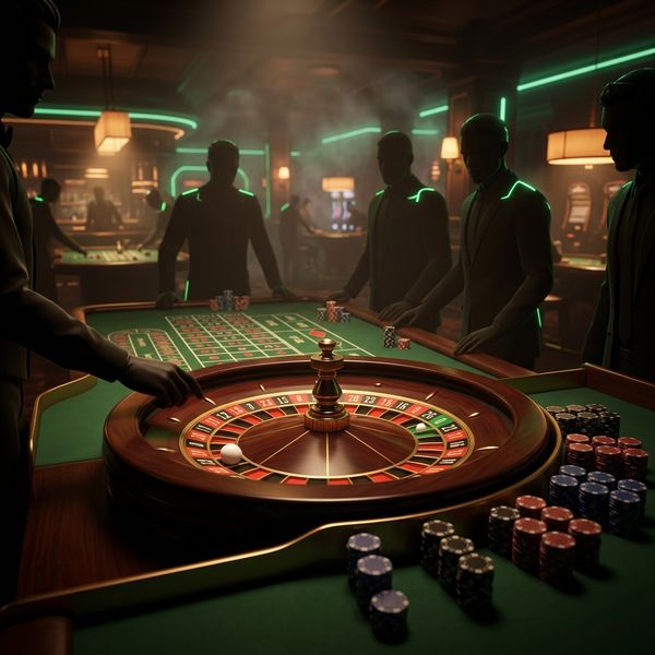 Roulette wheel mid-spin with players watching closely