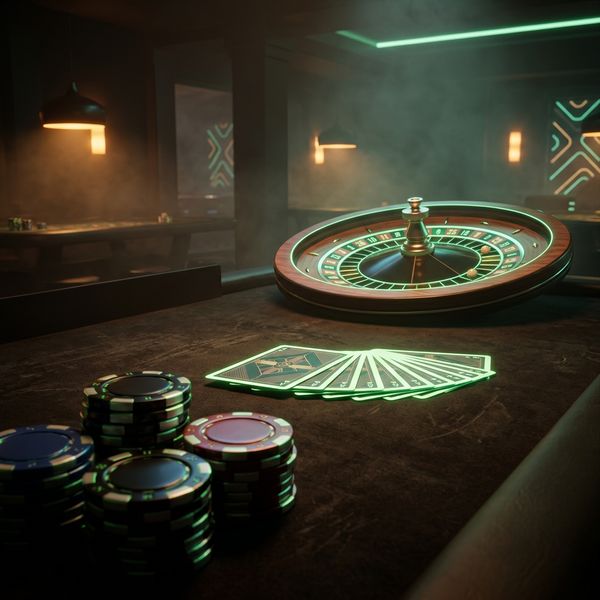Roulette wheel with card fan and chip stack