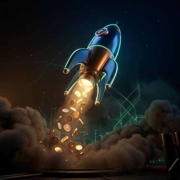 Rocket launching upward with coins pouring from exhaust