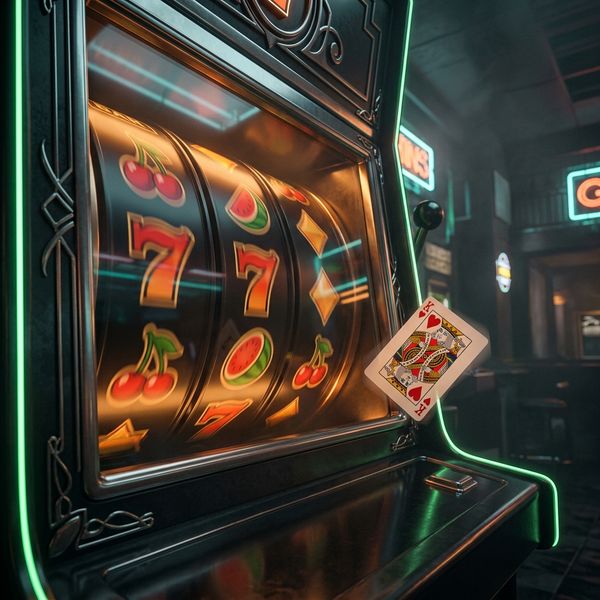 Oversized slot reel mid-spin behind glass panel