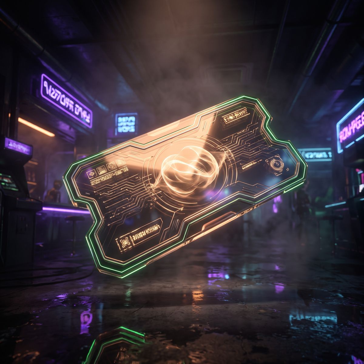 Holographic voucher card glowing with neon green light